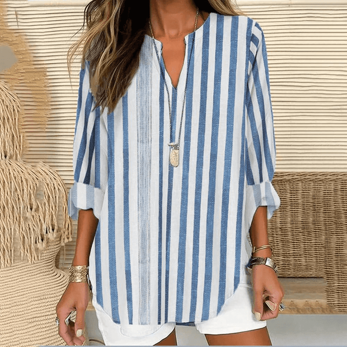 Levoire | Tunique Pour Femmes Avec Manches Longues Et Décolleté En V Élégant Blanc-Bleu