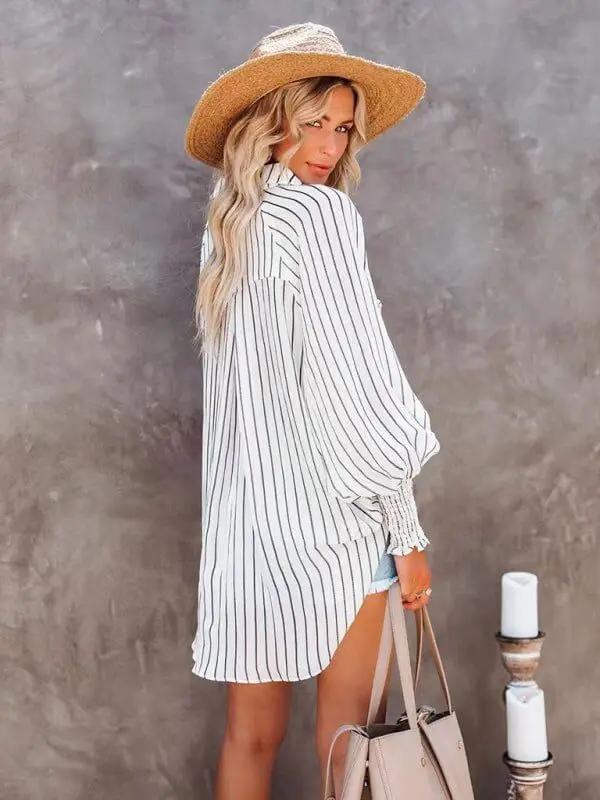 Levoire | Col chemise fine moyenne longue rayée décontractée à manches longues