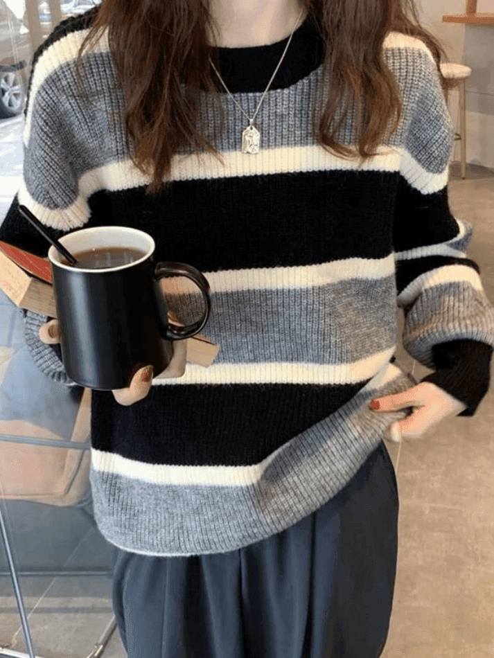 Levoire | Pull En Tricot Rayé À Blocs De Couleurs Gris Taille unique