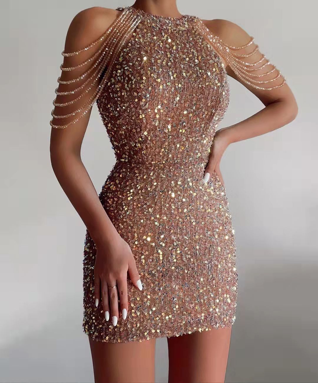 Levoire | robe de soirée élégante halter paillettes franges ROSE