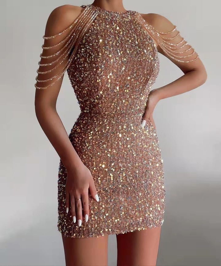 Levoire | robe de soirée élégante halter paillettes franges ROSE