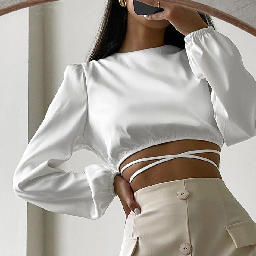 Levoire | satin col rond à manches longues lanternes dos nu BLANC