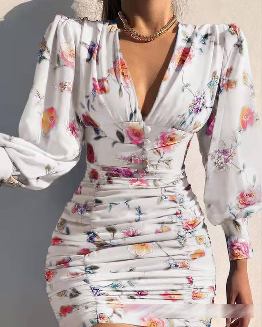Levoire | robe à manches longues courte décolleté en V taille haute pour femme élégante BLANC