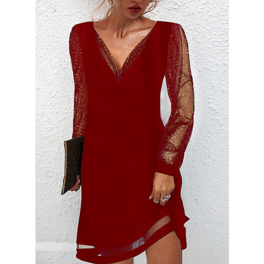 Levoire | robe courte à col V à manches longues en dentelle transparente de couleur uniforme ROUGE