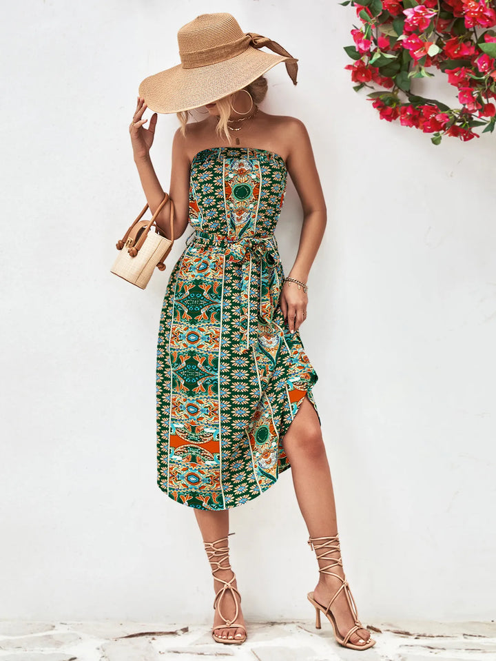 Levoire | robe tube mi-longue épaules nues motif floral Vert
