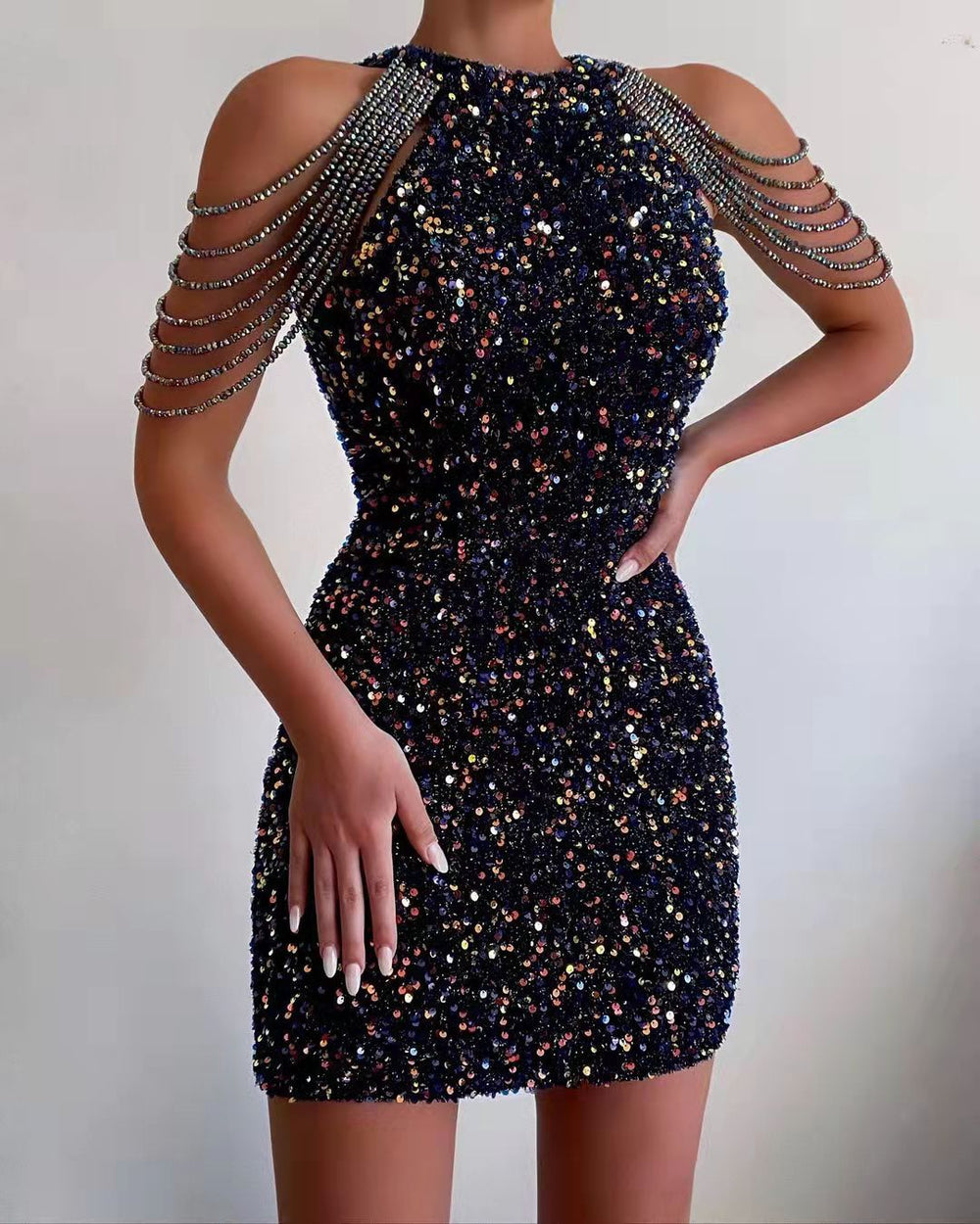 Levoire | robe de soirée élégante halter paillettes franges NOIR