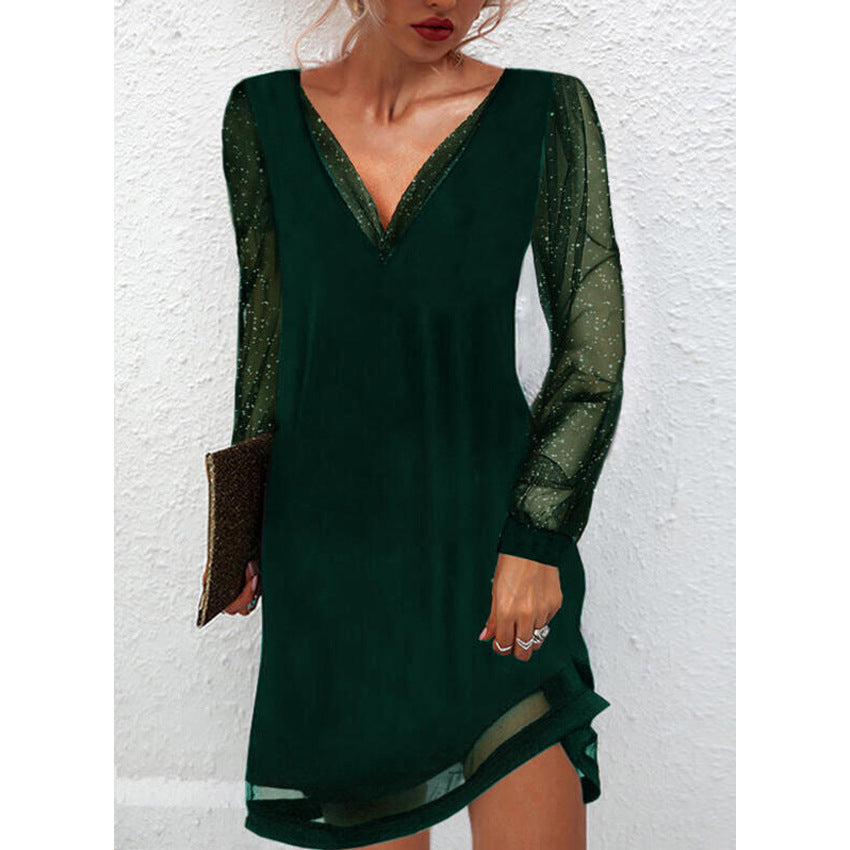 Levoire | robe courte à col V à manches longues en dentelle transparente de couleur uniforme VERT
