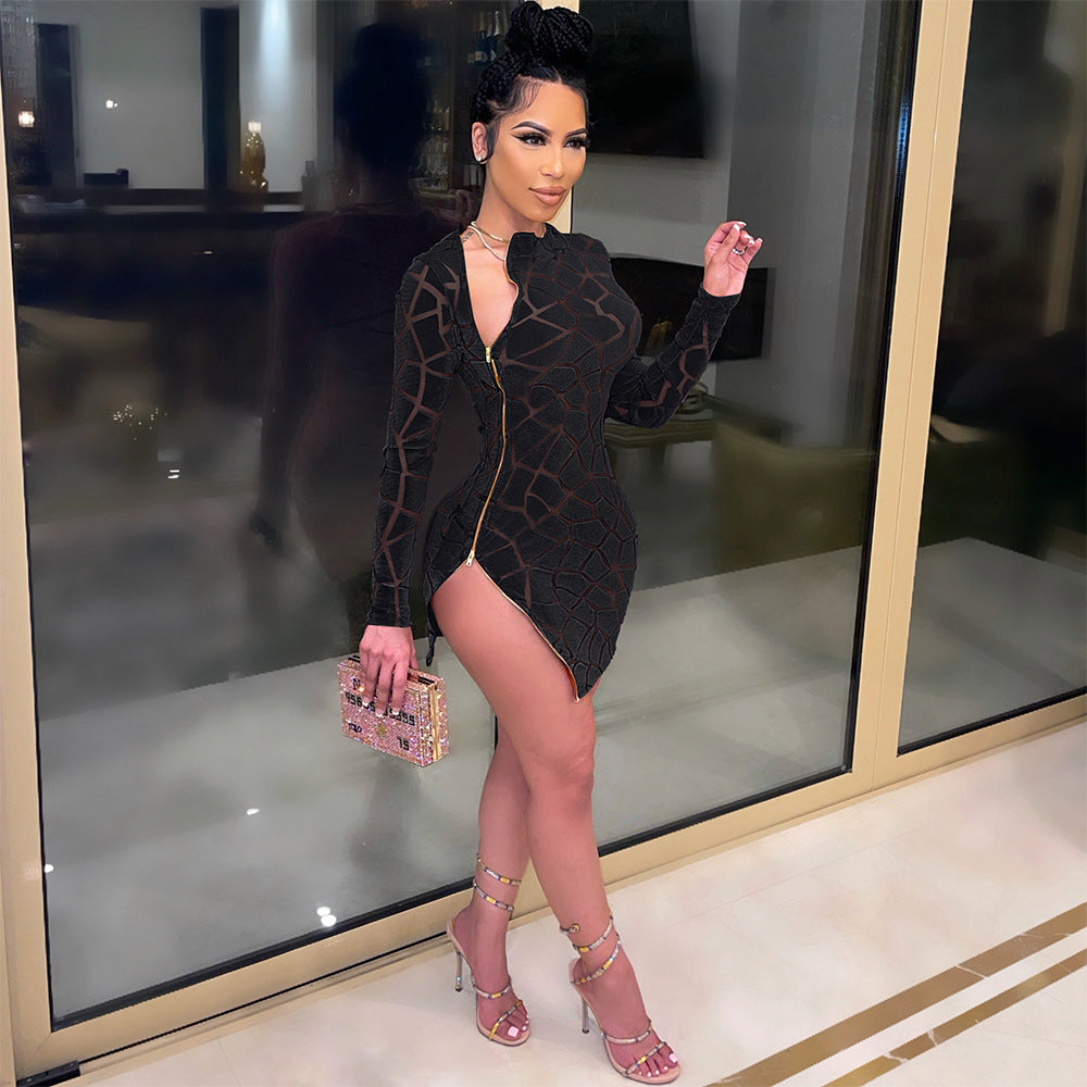 Levoire | robe moulante à manches longues transparente avec fermeture éclair et coupe asymétrique sexy NOIR