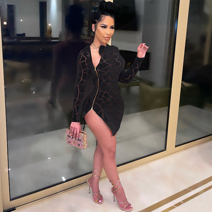 Levoire | robe moulante à manches longues transparente avec fermeture éclair et coupe asymétrique sexy NOIR