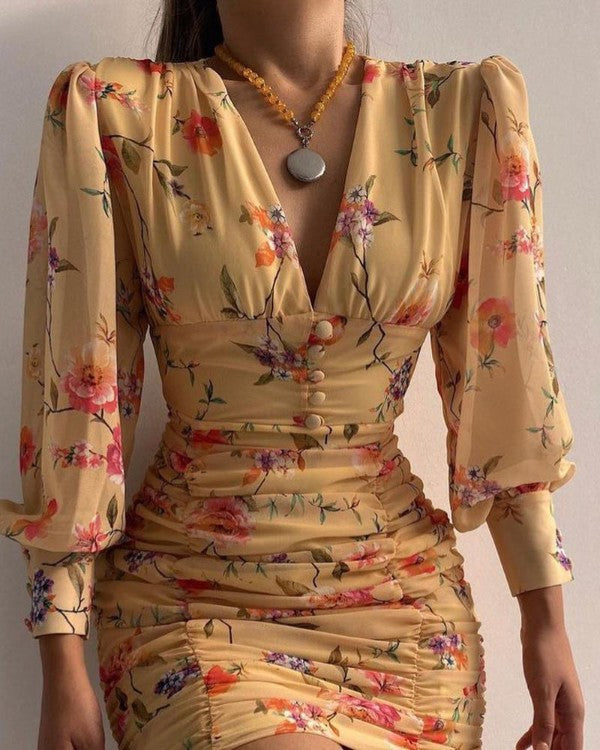 Levoire | robe à manches longues courte décolleté en V taille haute pour femme élégante JAUNE