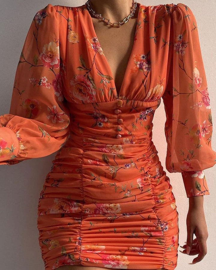 Levoire | robe à manches longues courte décolleté en V taille haute pour femme élégante ROUGE