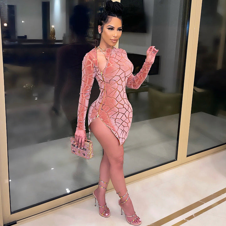 Levoire | robe moulante à manches longues transparente avec fermeture éclair et coupe asymétrique sexy ROSE