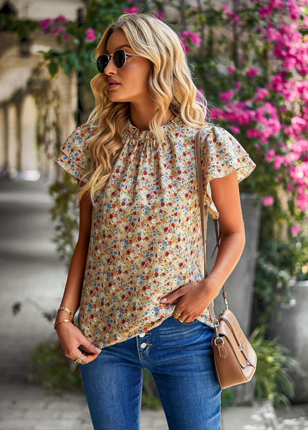 Levoire | robe à manches courtes avec un ourlet à motifs floraux KHAKI S