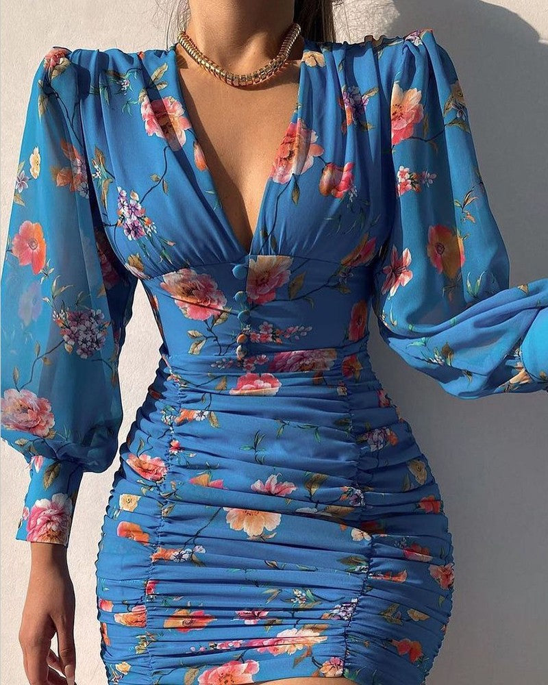 Levoire | robe à manches longues courte décolleté en V taille haute pour femme élégante BLEU