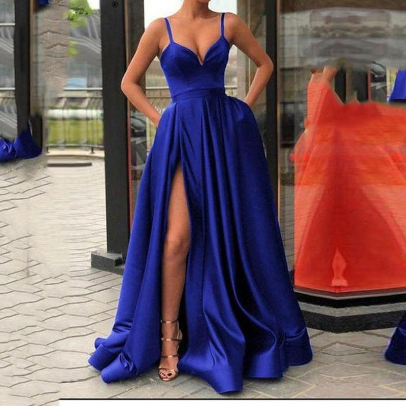 Levoire | robe longue satin sans bretelles fente latérale élégante unie BLEU