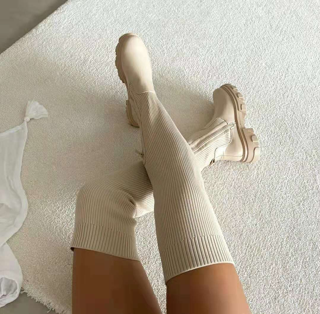 Levoire | hiver tricot extensible jusqu'au genou semelles épaisses fermeture éclair BEIGE