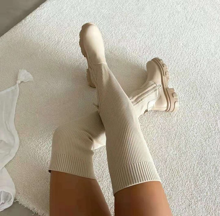 Levoire | hiver tricot extensible jusqu'au genou semelles épaisses fermeture éclair BEIGE
