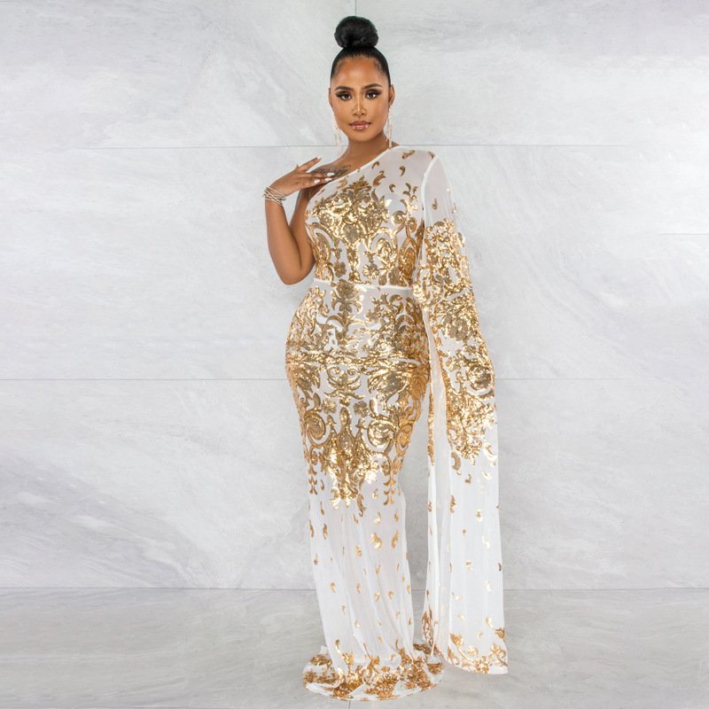 Levoire | robe en filet longue et ajustée avec une épaule flottante transparente OU