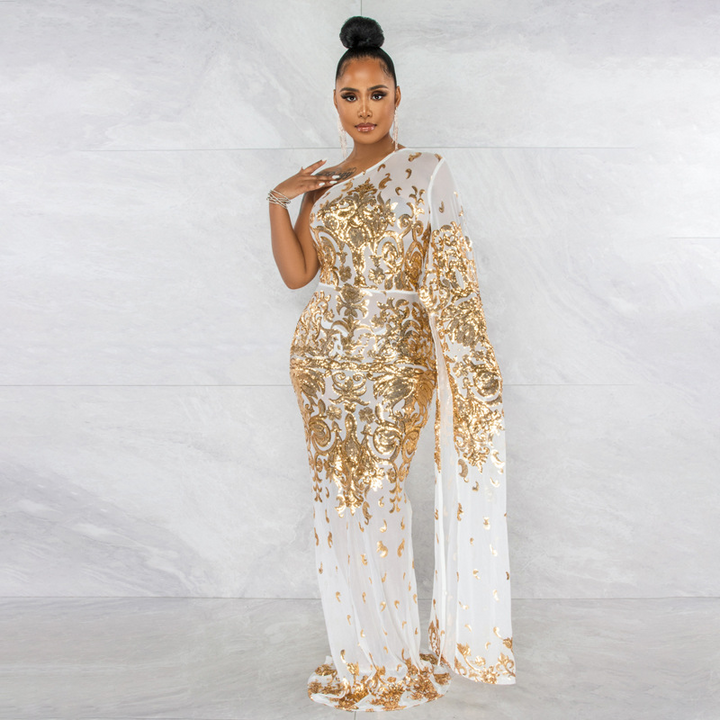 Levoire | robe en filet longue et ajustée avec une épaule flottante transparente OU