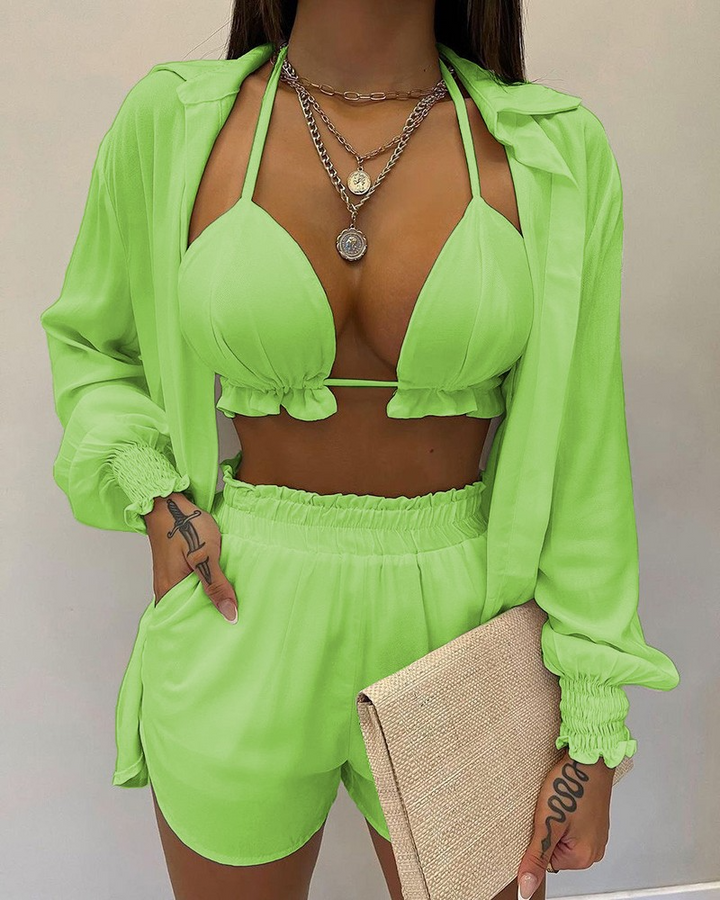 Levoire | maillot de bain trois pièces avec cardigan, haut et shorts VERT