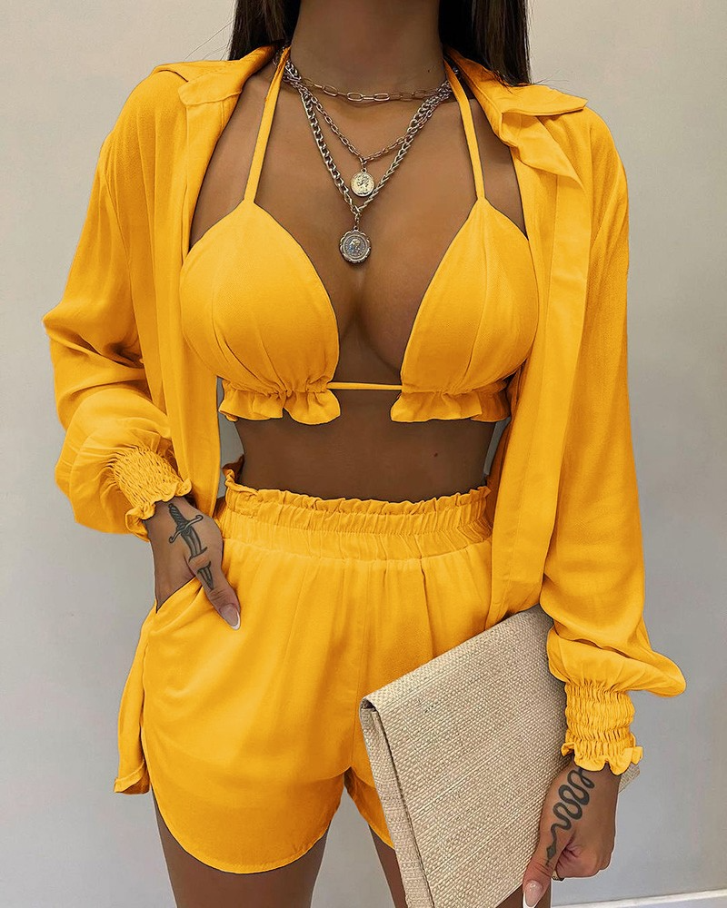 Levoire | maillot de bain trois pièces avec cardigan, haut et shorts JAUNE