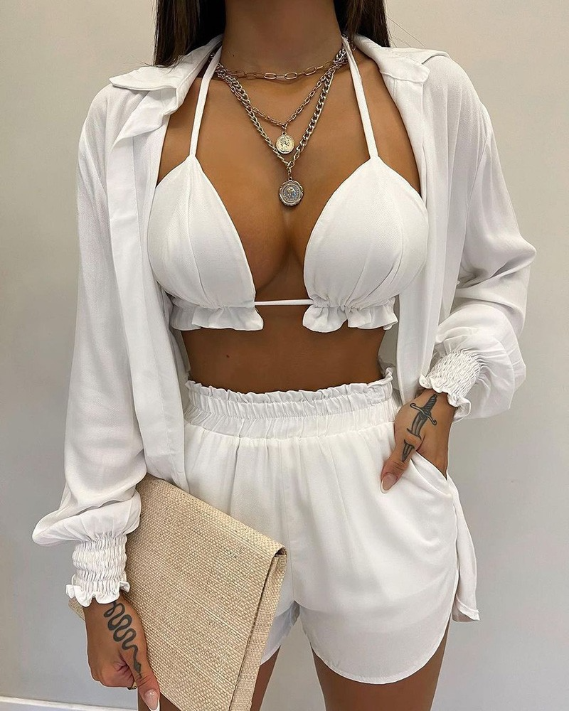 Levoire | maillot de bain trois pièces avec cardigan, haut et shorts BLANC