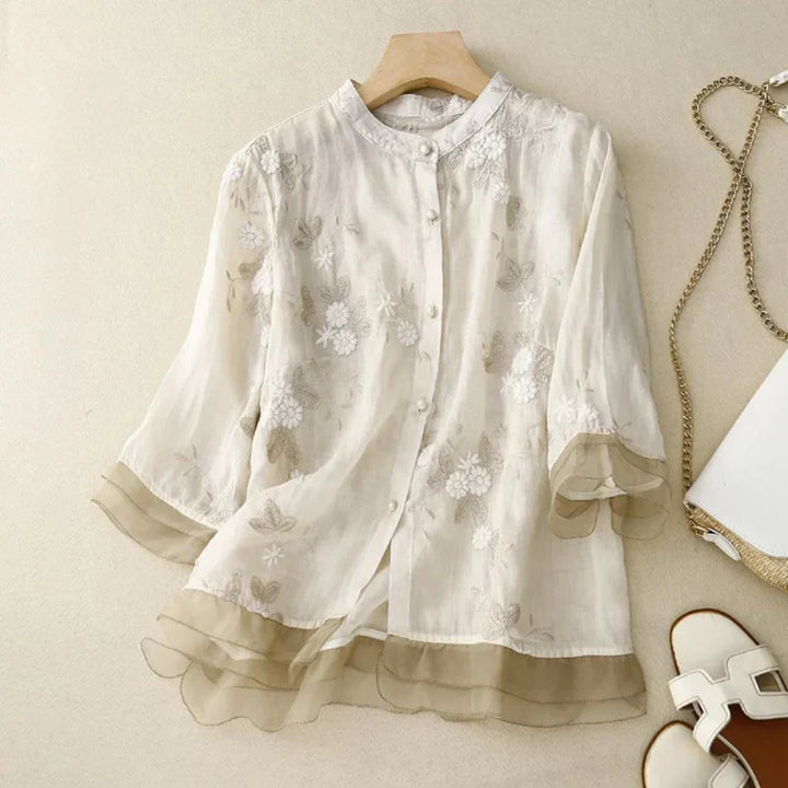 Levoire | Élégante Blouse À Fleurs Beige Vert foncé