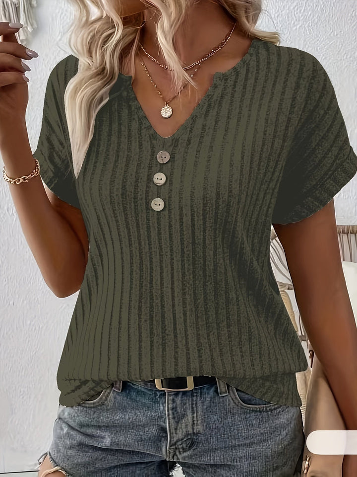 Levoire | T-shirt à Col V Ribattu à Manches Courtes Vert olive