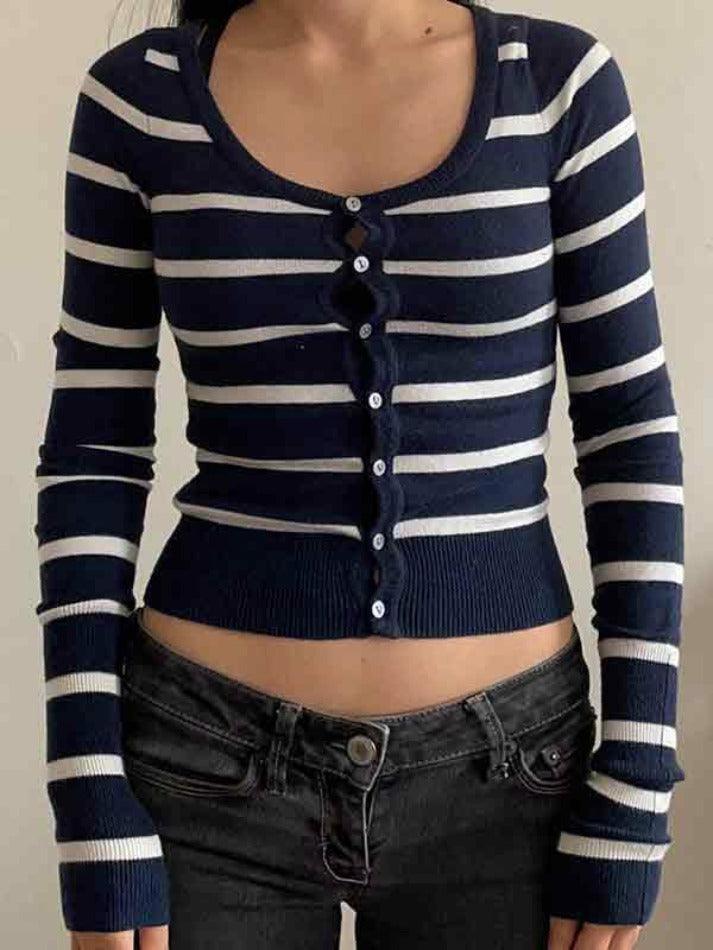 Levoire | Couleur Contrastante Rayures Boutons Longues Manches Tricot Bleu
