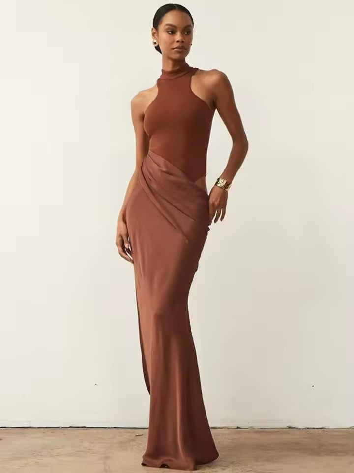Levoire | Robe Maxi À Haut Col Élégante Pour Fêtes Braun