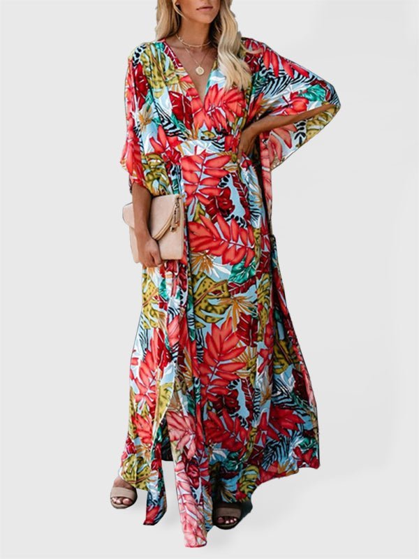 Levoire | Coton grandes fleurs blouse de plage vacances chemise de protection solaire kimono robe bikini blouse Orange Rouge UNE TAILLE
