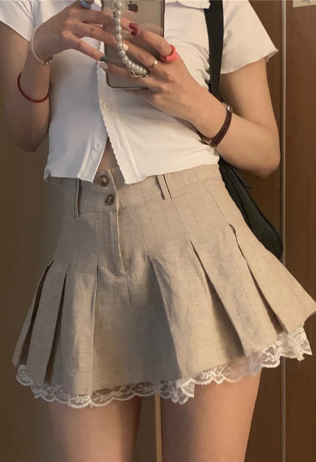 Levoire | Coton Lin Jupe Mini Plissée Khaki