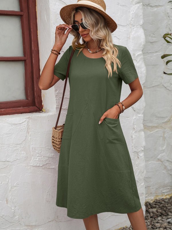 Levoire | Robe en coton à col montant à manches courtes avec plumes unies Vert olive