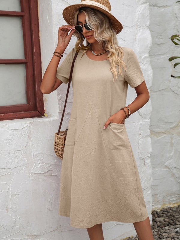 Levoire | Robe en coton à col montant à manches courtes avec plumes unies Cracker kaki