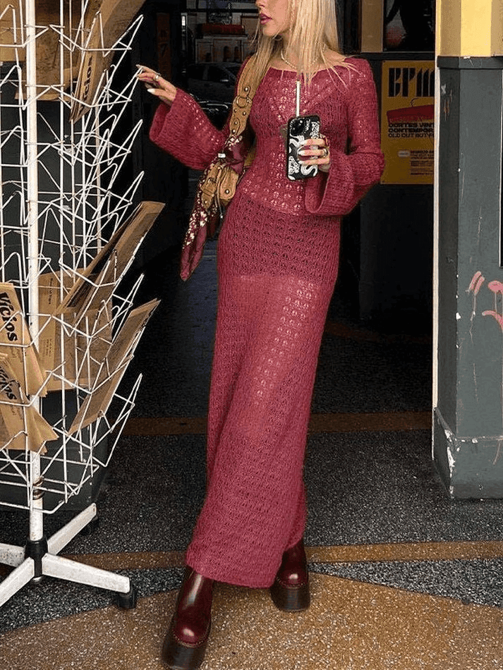 Levoire | Tricot Dos Haut Ouvert À Manches Longues Couvrir Maxi Robe Rot