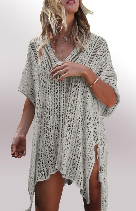 Levoire | Kimono de plage en crochet à franges tressées Gris Brumeux Une taille
