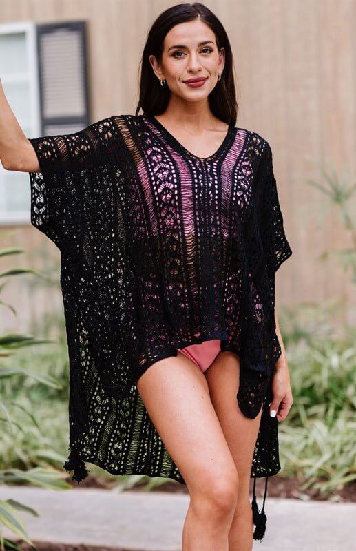 Levoire | Kimono de plage en crochet à franges tressées Noir Une taille