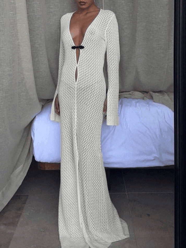 Levoire | Robe De Plage Maxi À Manches Longues En Crochet Blanc