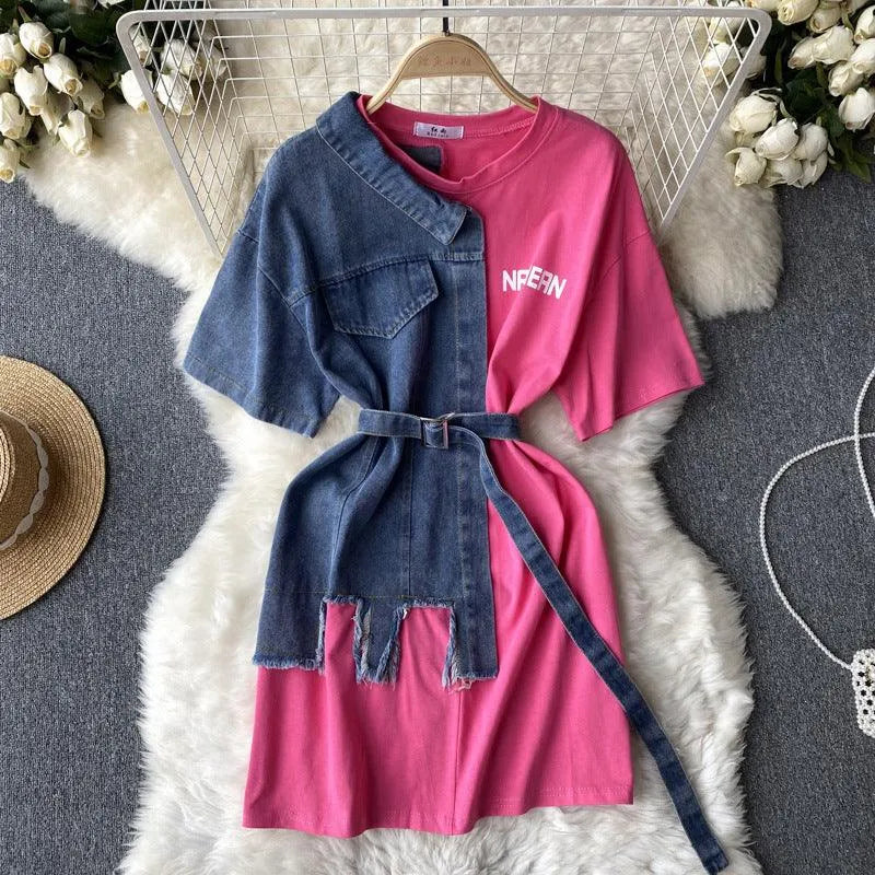 Levoire | Robe en denim patchwork à encolure ronde Rosenrot Une taille