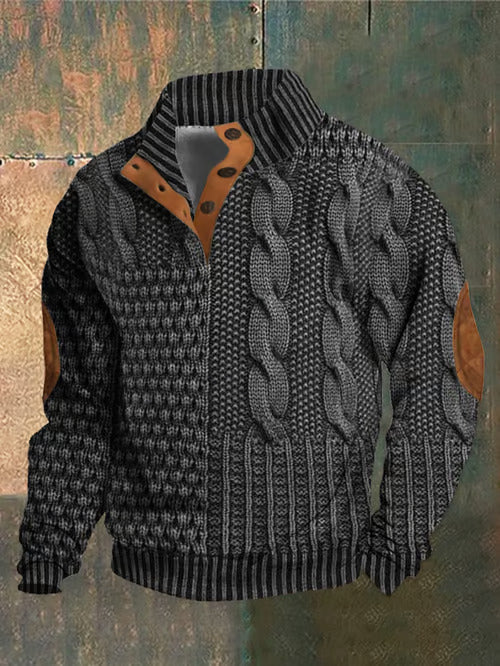 Levoire | Pull Mince À Col Montant Bouton Imprimé Rétro Décontracté Gris foncé