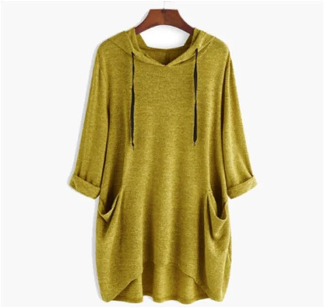 Levoire | Sweat À Capuche Femme Uni Coupe Décontractée Avec Poches Irrégulières Jaune