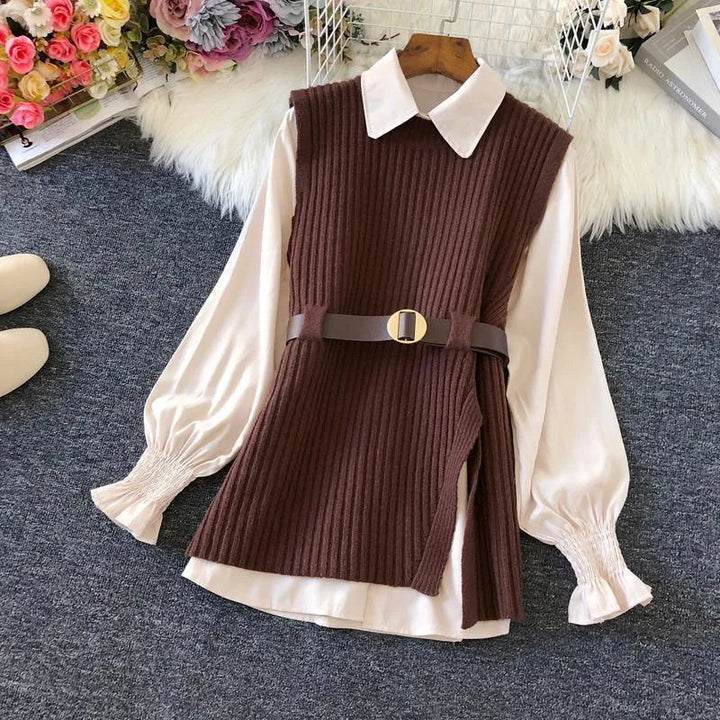 Levoire | Robe femme 2 pièces : chemise blanche et gilet noir avec ceinture