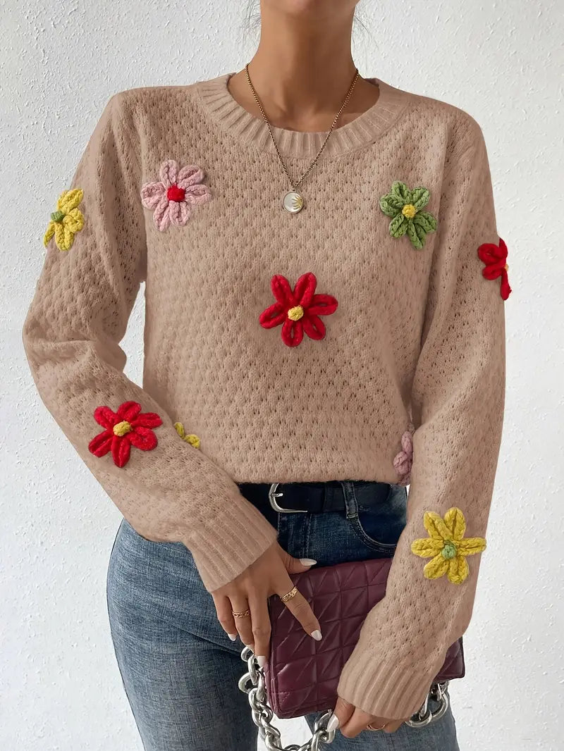 Levoire | Pull En Maille Avec Col Rond Et Motif Floral Jaune-brun
