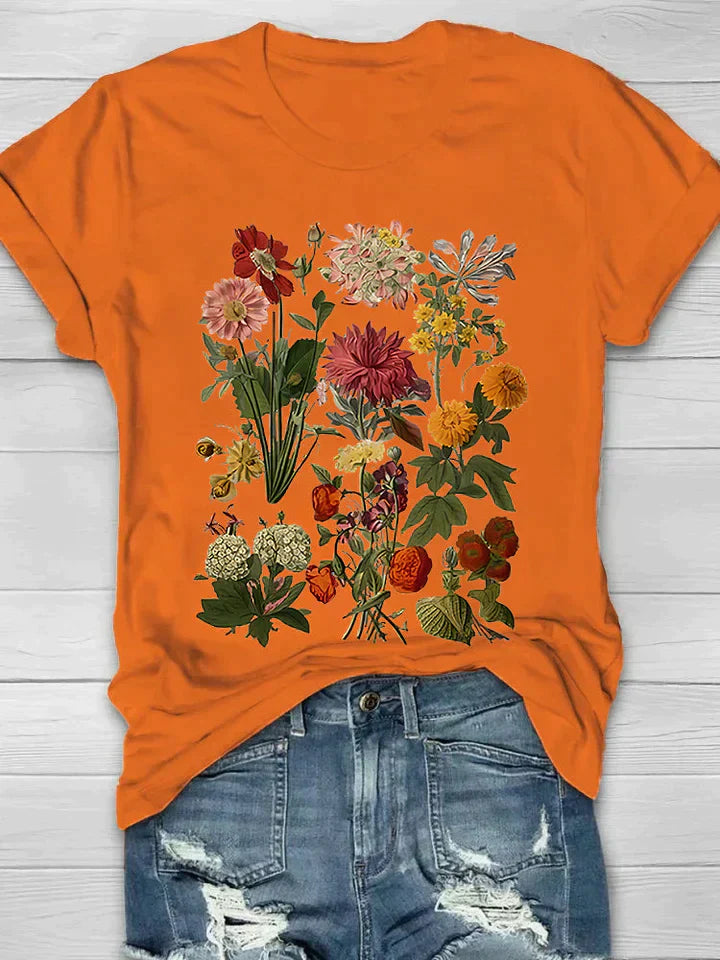Levoire | T-Shirt Vintage Fleurs Style Rétro Pour Chic Décontracté Orange