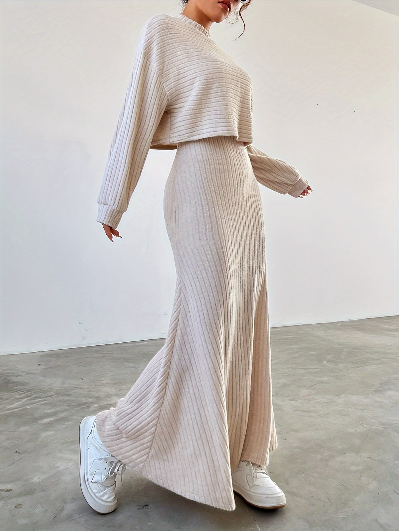 Levoire | Uten Manches Long Robe À Encolure Ronde Ensemble Tricoté À Deux Pièces Beige