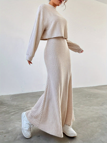 Levoire | Uten Manches Long Robe À Encolure Ronde Ensemble Tricoté À Deux Pièces Beige