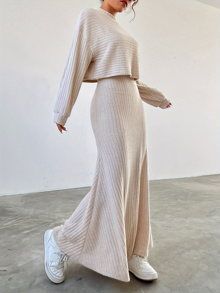 Levoire | Uten Manches Long Robe À Encolure Ronde Ensemble Tricoté À Deux Pièces Beige