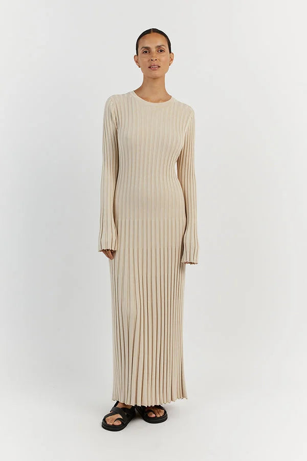 Levoire | Robe Midi Tricot Avec Col Rond Et Manches Beige