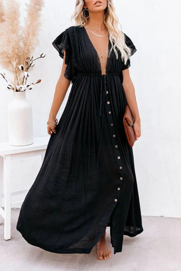 Levoire | Fairy Air Robe à encolure en V et à manches volantées Noir Taille unique