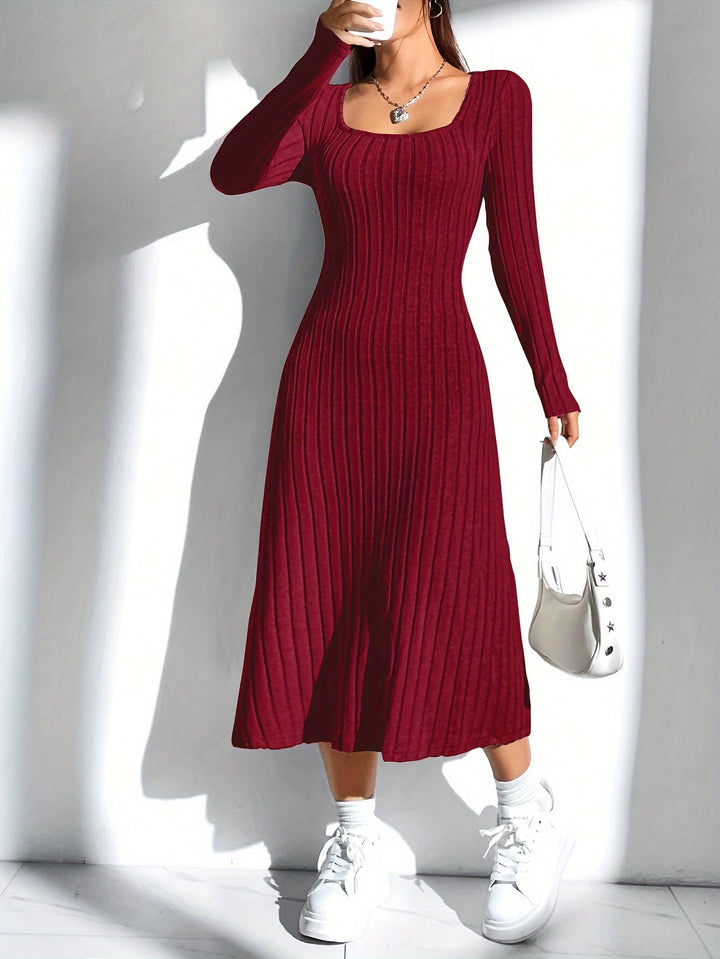Levoire | Robe A-Ligne À Manches Longues Côtelée En Couleur Unie Rouge bordeaux